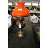 Brass Oil Lamp with Orange Glass Shade