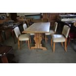 Oak refectory table and set of 4 white vinyl chairs