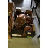 Box of copper pans, kettle etc