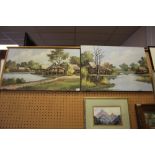 Pair of unframed Asian village scenes, oils on canvas