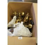 Box of gilt light fittings and plated trays