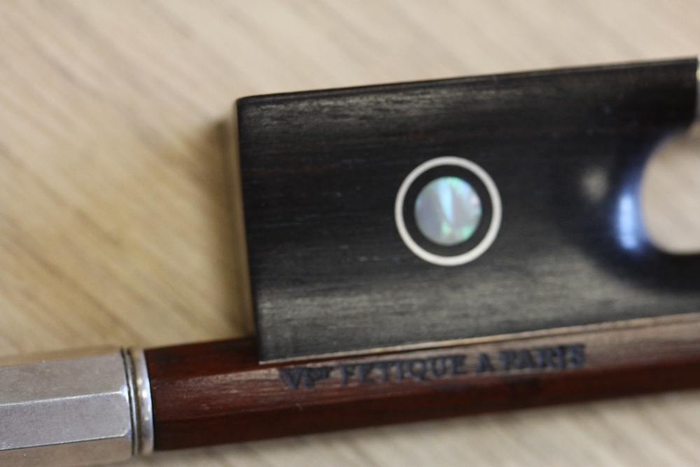 A silver mounted violin bow branded VF Fetique A Paris. Octagonal stick, full size, together with - Image 6 of 11