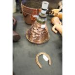 Copper funnel lamp base, Joseph Sankey & Son, Arts & Crafts Copper planter and Copper horseshoe