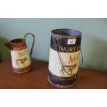 Tin dairy jug etc