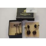 Antique amber and silver earrings, silver and tiger's eye earrings, both with screw fittings