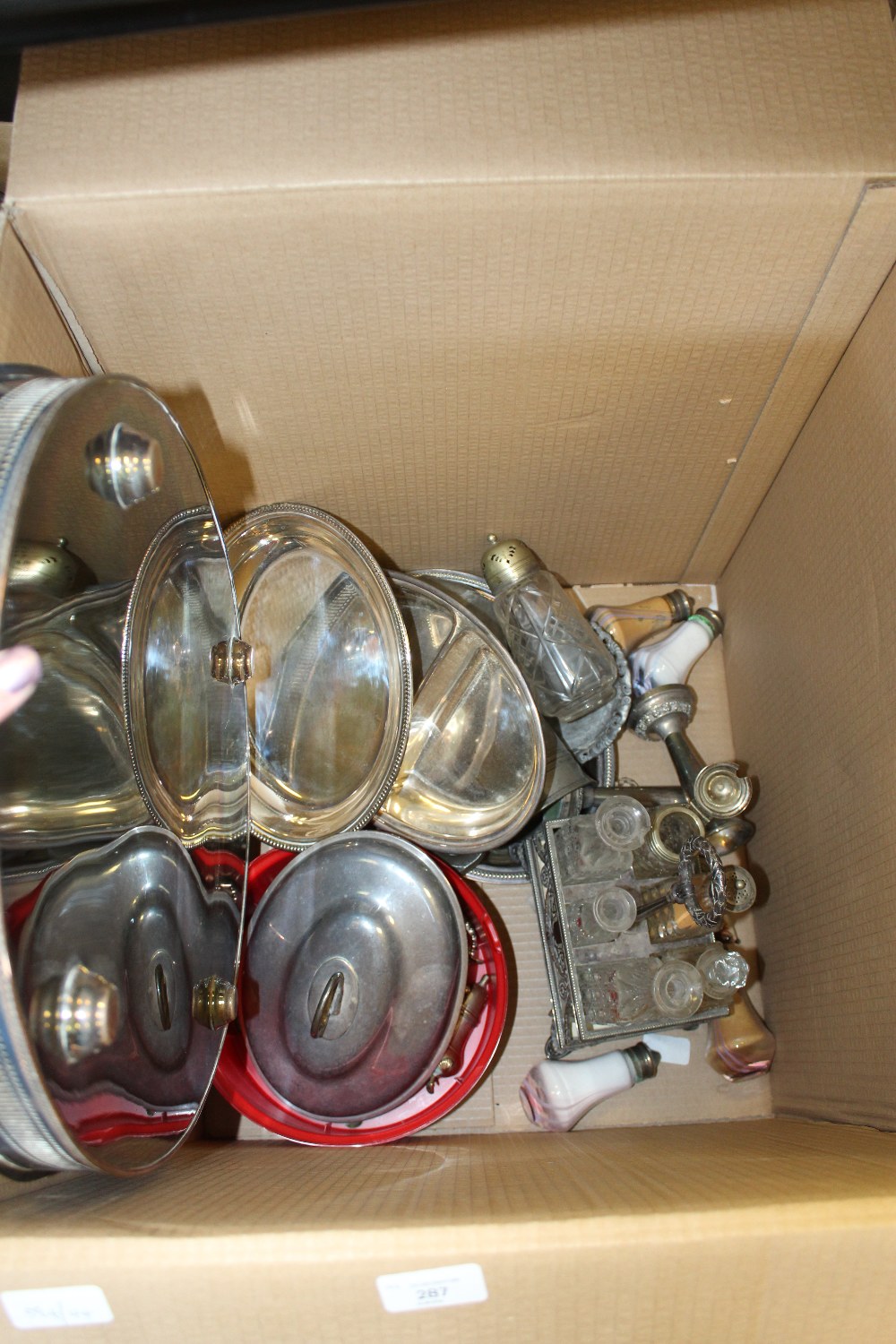 Box of plated wares including Cruet, entree dishes etc