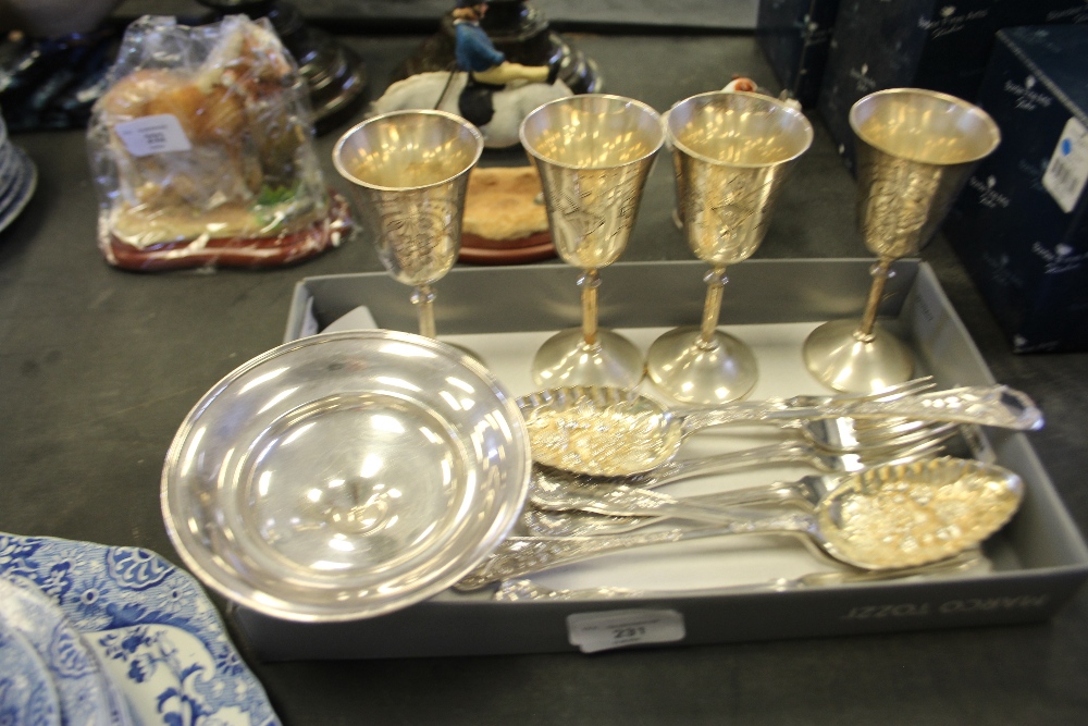 Silver plate tazza, goblets, pair of spoons and forks