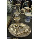 Silver plate epergne, claret jug, 3-piece tea set, tray etc