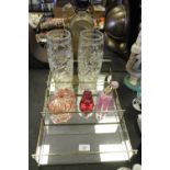 Perfume Bottles, Caithness Paperweight, Pair of Cut Glass Vases & a Display Case