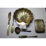 Quantity of silver including shell pin dish, cigarette case and charoot holder