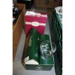 Set of Glenfiddich malt glasses and of Royal Albert crystal candlesticks (both boxed)