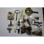 Various keys, clock keys and miscellaneous foreign coinage