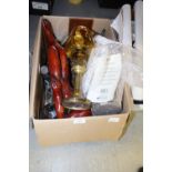 Box including copper kettle, candle lamps, nude figure