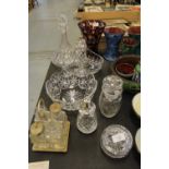 A Ruby etched glass vase, decanter and miscellaneous glass wares