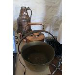 Near Eastern tinned copper flagon, Victorian copper hot water pot and a 19th Century brass jam pan