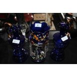 Victorian 'Bristol Blue' glass epergne lustre of small size and two similar ewers