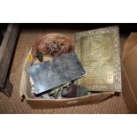 Box of mixed metalware including Ranza Garages aluminium sign, embossed brass 'Mother' sign, etc