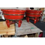 Pair of Chinese red and green painted wood jardinieres
