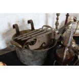 19th Century brass saucepan, brass jam pan, trivet and one other oval trivet (a.f.)