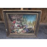 20th Century - Oil painting - Italianate still life scene, with Parrot and fruit, framed