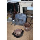 19th Century cast iron range door by Robery, three cast iron pots and a companion set