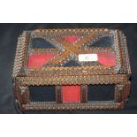 WWI Prisoner of War box, decorated in red and black fabric and worded 'Belmont 1917/1918'