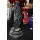 19th Century black patinated spelter figure of 'Literature' on wooden socle