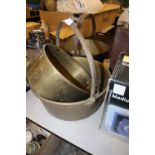 2 brass jam pans and brass plant trough and others