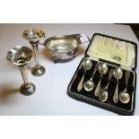 Silver Sauceboat, Pair of Candlesticks & Set of 6 Silver Teaspoons