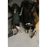 2 golf bags - one for children - with assorted clubs