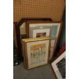 Stained Pine Framed Mirror and 6 Decorative Pictures