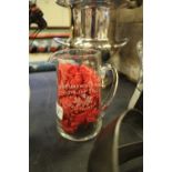 Rare Ballochmyle whisky printed glass advertising jug, with Queen Mary and George V portrait to