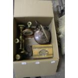 Victorian Cash Tin, Westclox Mantle Piece Set & Various Metalware
