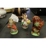 3 Beatrix Potter Figures with Gold Back Stamp - Squirrel Nutkin, Timmy Tiptoes & Mrs Rabbit