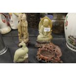 4 Soapstone Figurines with Chinese bowl and others