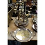 Pair of Silver-Plated Candlesticks, Pair of 3 Candlebra, 2 Plated Trays