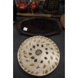 Hardwood Tray and a Fossilised Display of Teeth and Shells