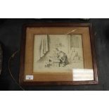 Framed Antique Chinese Pen and Ink Drawing - Chinese Engraver