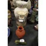 Group including: x2 Chinese Vases & a Red Stoneware Vase with Embossed Dragon & Carved Jade Lion