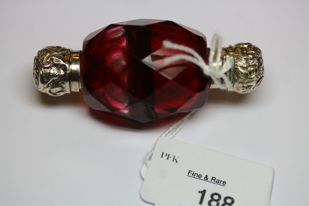 Victorian white metal (thought silver) mounted double ended ovoid ruby glass scent bottle, with - Image 2 of 4