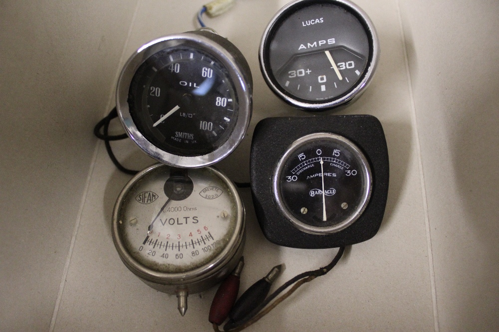 Three vintage car gauges and a Sifam portable voltmeter