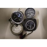 Three vintage car gauges and a Sifam portable voltmeter