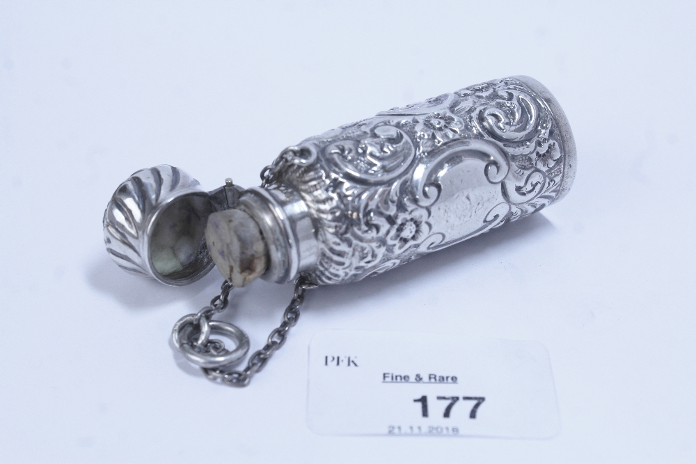 Late Victorian embossed silver scent bottle, Birmingham 1896, with later cork stopper