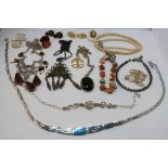 Opal and silver necklace and a quantity of silver and costume jewellery in brown leather jewellery