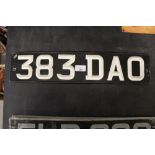 Vintage Ace black and white printed metal number plate 383 DAO