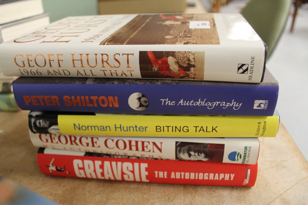 Five Football autobiographies, includingg Geoff Hurst and Peter Shilton, all signed first editions