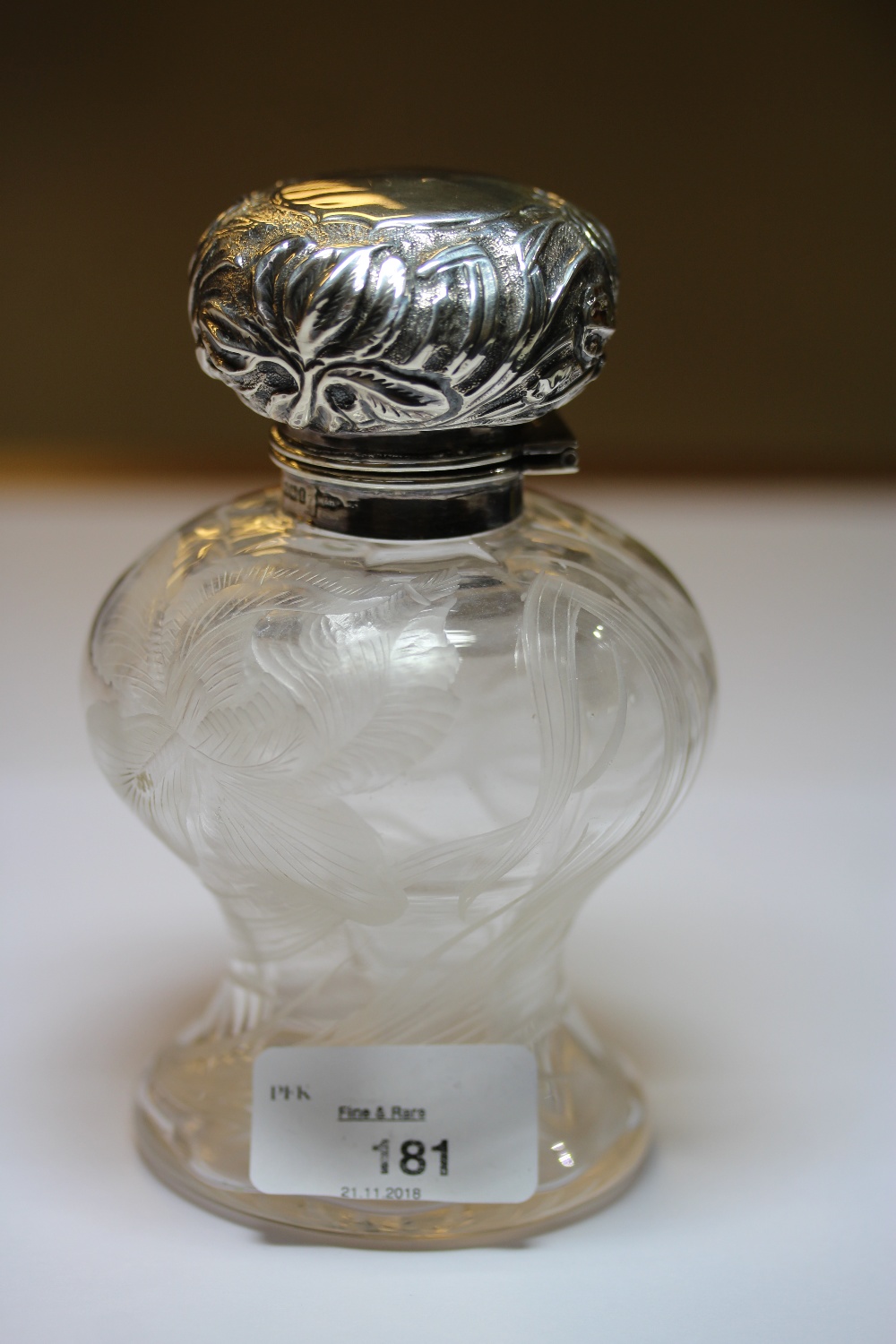 Edward VII silver mounted cut glass table scent bottle of Art Nouveau design, the mount by Walker