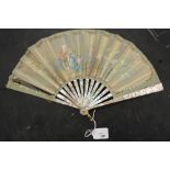 Late 19th Century brass studded mother of pearl and painted silk fan, decorated by Brison with a