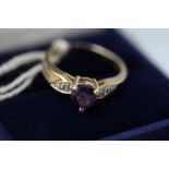 9ct gold amethyst ring, heart shaped central stone approx 0.39ct, diamond set shoulders, size O