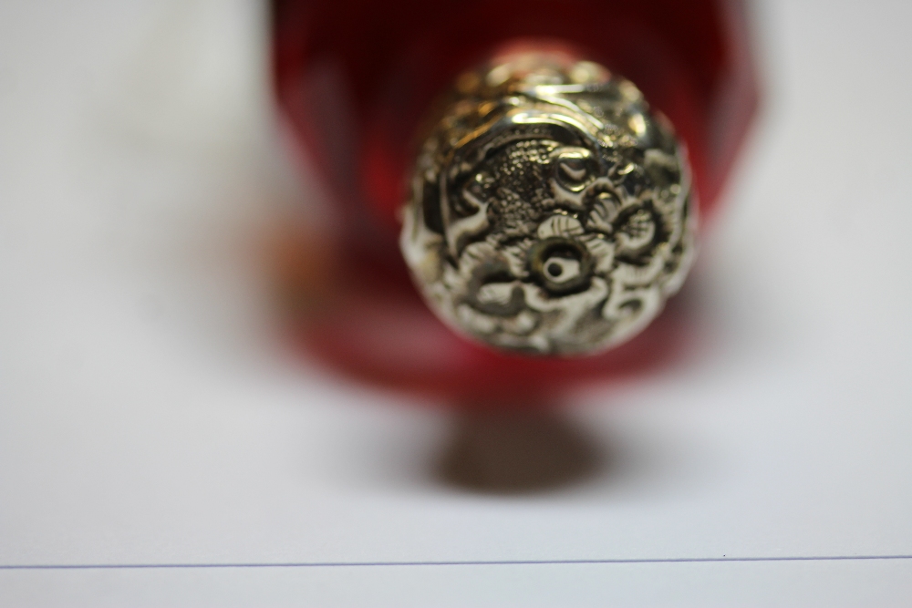 Victorian white metal (thought silver) mounted double ended ovoid ruby glass scent bottle, with - Image 4 of 4